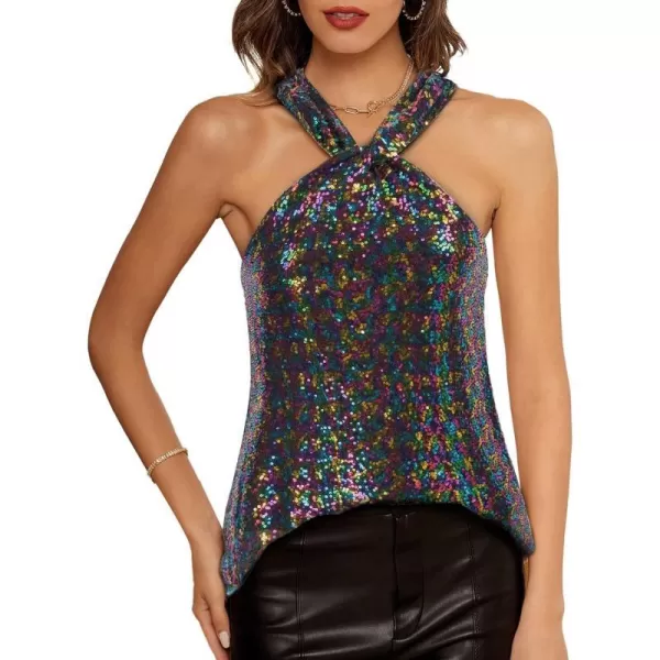 GRACE KARIN Womens Sequin Sparkle Tank Tops Halter Neck Keyhole Knot Slim Fit Cocktail TopsMulticolorblacksequin