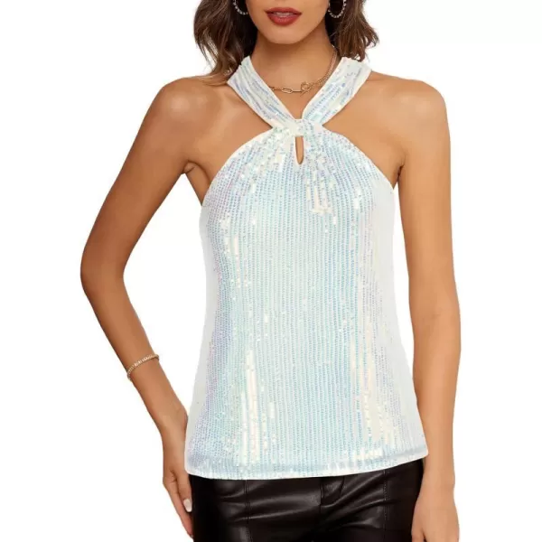 GRACE KARIN Womens Sequin Sparkle Tank Tops Halter Neck Keyhole Knot Slim Fit Cocktail TopsMulticolorsliversequin