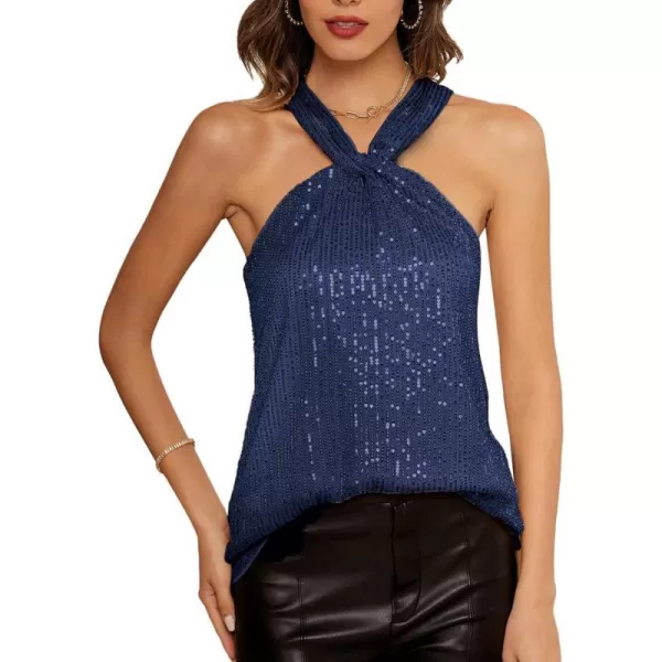 GRACE KARIN Womens Sequin Sparkle Tank Tops Halter Neck Keyhole Knot Slim Fit Cocktail TopsNavy Bluesequin