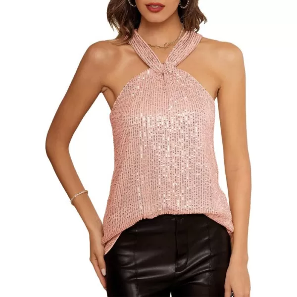 GRACE KARIN Womens Sequin Sparkle Tank Tops Halter Neck Keyhole Knot Slim Fit Cocktail TopsPinksequin