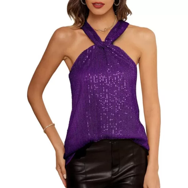 GRACE KARIN Womens Sequin Sparkle Tank Tops Halter Neck Keyhole Knot Slim Fit Cocktail TopsPurplesequin