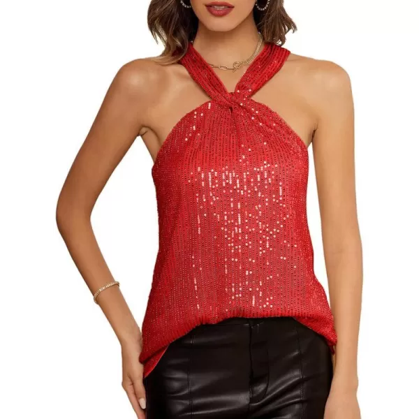 GRACE KARIN Womens Sequin Sparkle Tank Tops Halter Neck Keyhole Knot Slim Fit Cocktail TopsRedsequin