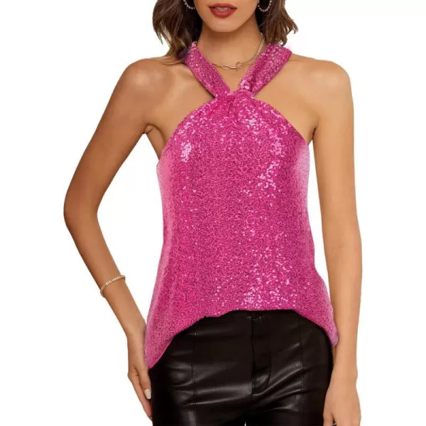 GRACE KARIN Womens Sequin Sparkle Tank Tops Halter Neck Keyhole Knot Slim Fit Cocktail TopsRose Redsequin