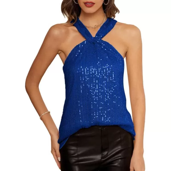 GRACE KARIN Womens Sequin Sparkle Tank Tops Halter Neck Keyhole Knot Slim Fit Cocktail TopsRoyal Bluesequin