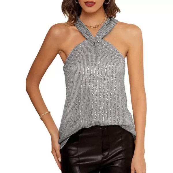 GRACE KARIN Womens Sequin Sparkle Tank Tops Halter Neck Keyhole Knot Slim Fit Cocktail TopsSilver Graysequin