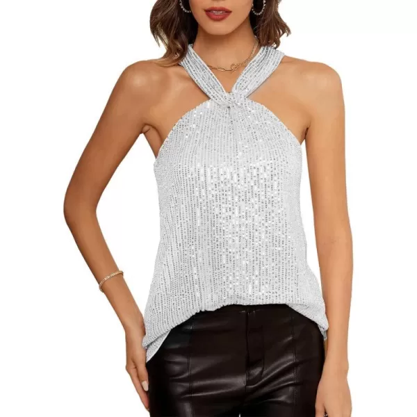 GRACE KARIN Womens Sequin Sparkle Tank Tops Halter Neck Keyhole Knot Slim Fit Cocktail TopsSilversequin