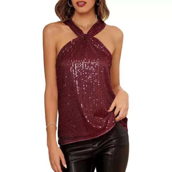 GRACE KARIN Womens Sequin Sparkle Tank Tops Halter Neck Keyhole Knot Slim Fit Cocktail TopsWine Redsequin