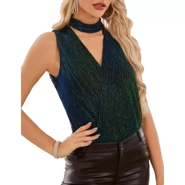 GRACE KARIN Womens Sequin Sparkle Tops Sleeveless Wrap V Neck Slimming Glitter Tank Tops Disco Club Party ShirtsBlue Green