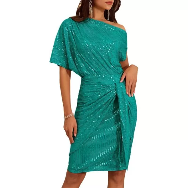 GRACE KARIN Womens Sequin Sparkly Glitter Party Club Dress One Shoulder Ruched Cocktail Bodycon DressLight Blue Green