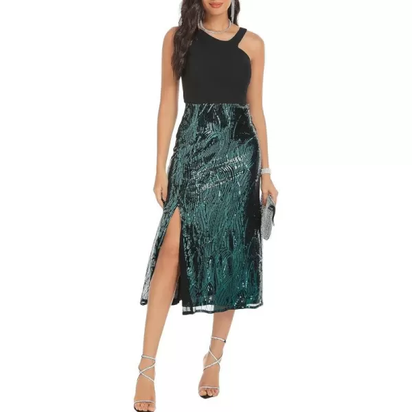 GRACE KARIN Womens Sequin Sparkly Glitter Party Club Dress Sleeveless Irregular Neck Cocktail Split BodyconDressBlack and Dark Green