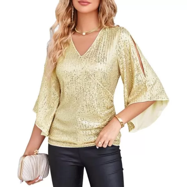 GRACE KARIN Womens Sequin Tops 34 Sleeve Glitter Sparkly Party Blouse VNeck Dressy Tops for Evening PartyApricot