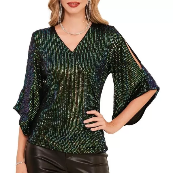 GRACE KARIN Womens Sequin Tops 34 Sleeve Glitter Sparkly Party Blouse VNeck Dressy Tops for Evening PartyBlackblue Green