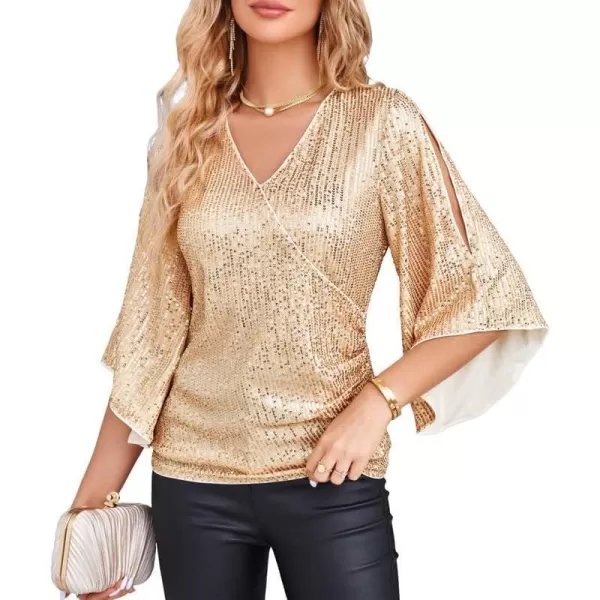 GRACE KARIN Womens Sequin Tops 34 Sleeve Glitter Sparkly Party Blouse VNeck Dressy Tops for Evening PartyChampagne