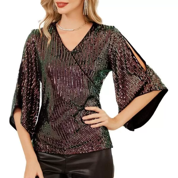 GRACE KARIN Womens Sequin Tops 34 Sleeve Glitter Sparkly Party Blouse VNeck Dressy Tops for Evening PartyColorful Gold