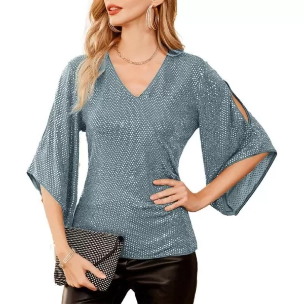 GRACE KARIN Womens Sequin Tops 34 Sleeve Glitter Sparkly Party Blouse VNeck Dressy Tops for Evening PartyGray Blueblue Green