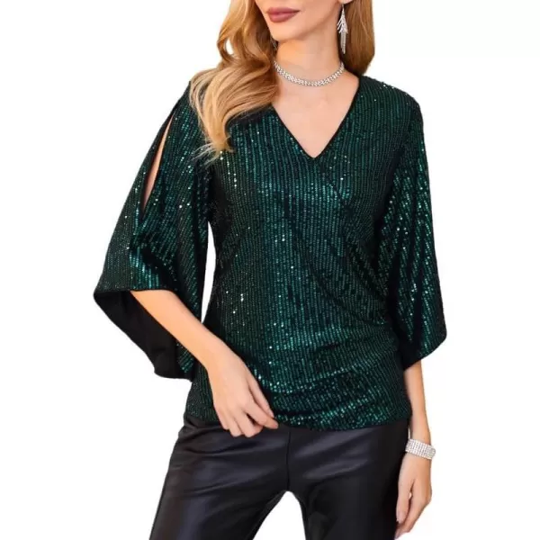 GRACE KARIN Womens Sequin Tops 34 Sleeve Glitter Sparkly Party Blouse VNeck Dressy Tops for Evening PartyGreen on Black