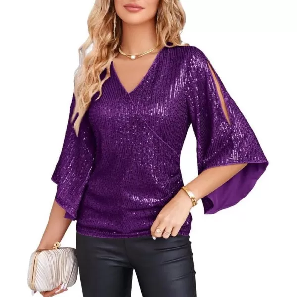 GRACE KARIN Womens Sequin Tops 34 Sleeve Glitter Sparkly Party Blouse VNeck Dressy Tops for Evening PartyPurple