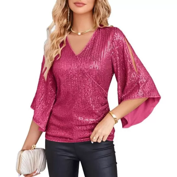 GRACE KARIN Womens Sequin Tops 34 Sleeve Glitter Sparkly Party Blouse VNeck Dressy Tops for Evening PartyRose Red