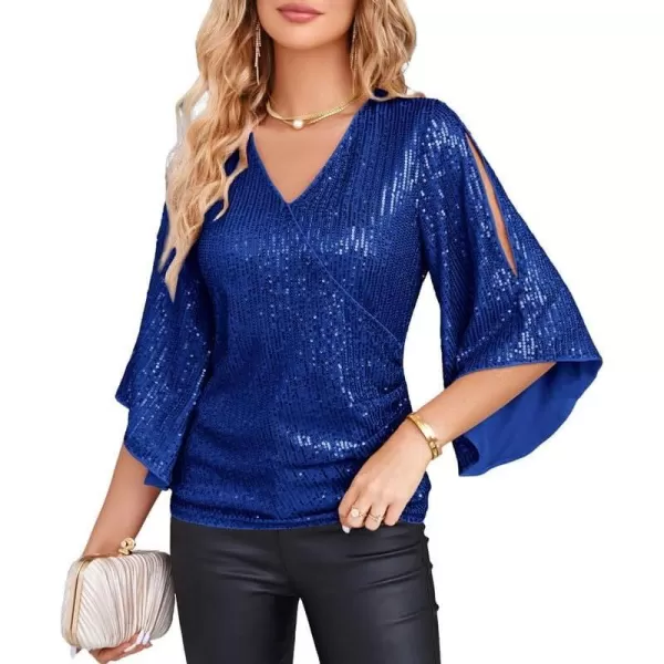 GRACE KARIN Womens Sequin Tops 34 Sleeve Glitter Sparkly Party Blouse VNeck Dressy Tops for Evening PartyRoyal Blue