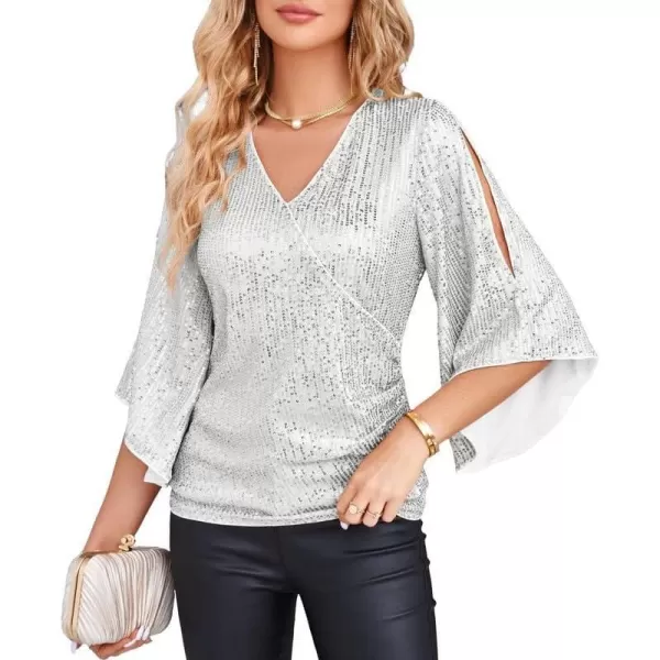 GRACE KARIN Womens Sequin Tops 34 Sleeve Glitter Sparkly Party Blouse VNeck Dressy Tops for Evening PartySilver