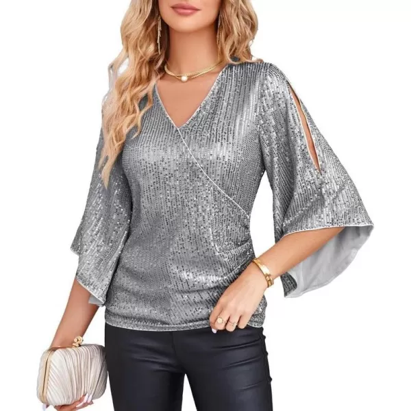 GRACE KARIN Womens Sequin Tops 34 Sleeve Glitter Sparkly Party Blouse VNeck Dressy Tops for Evening PartySilver Gray