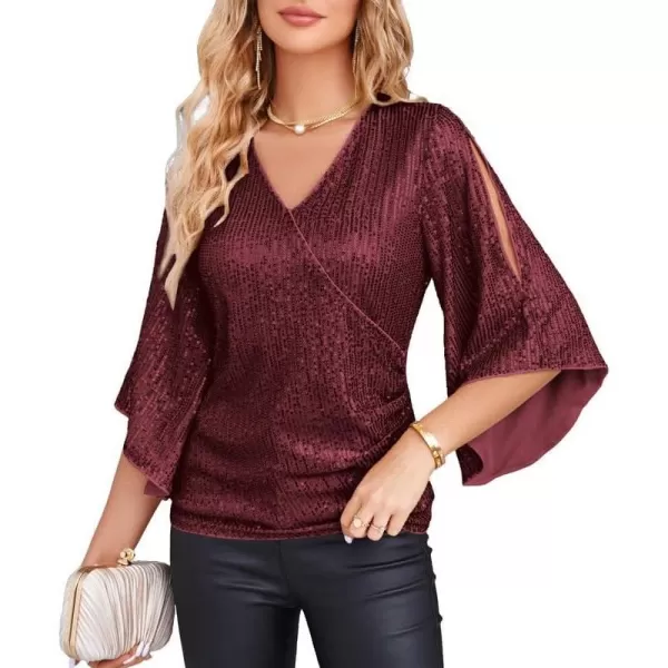 GRACE KARIN Womens Sequin Tops 34 Sleeve Glitter Sparkly Party Blouse VNeck Dressy Tops for Evening PartyWine Red