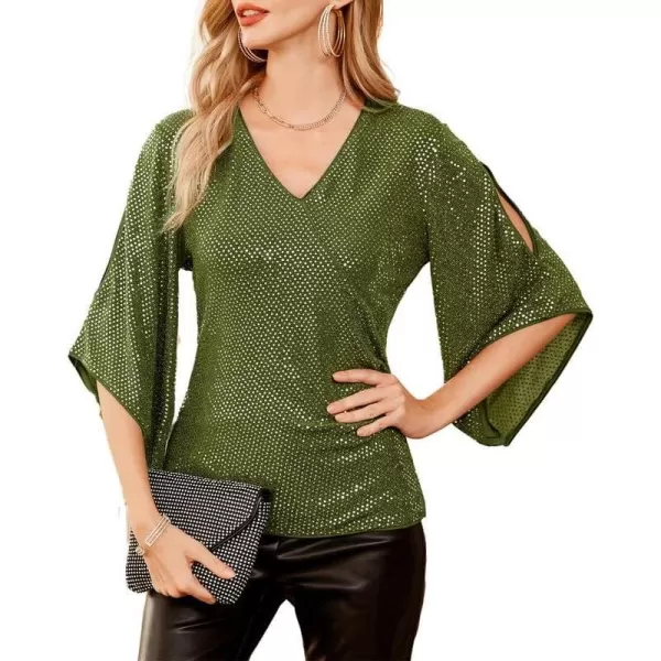 GRACE KARIN Womens Sequin Tops 34 Sleeve Glitter Sparkly Party Blouse VNeck Dressy Tops for Evening PartyYellowgreen