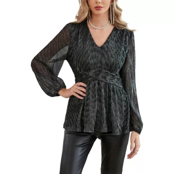 GRACE KARIN Womens Sequin Tops VNeck Waist Pleat Blouse Lantern Sleeves Sparkly Peplum TopsBlack