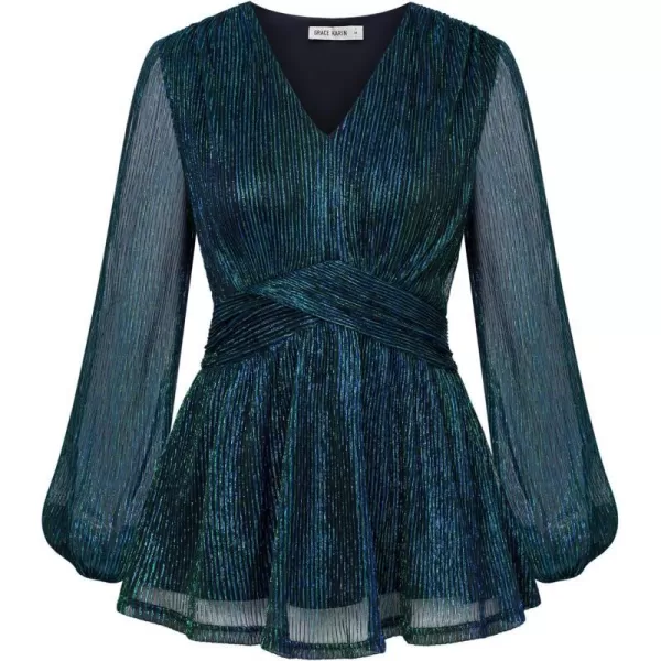 GRACE KARIN Womens Sequin Tops VNeck Waist Pleat Blouse Lantern Sleeves Sparkly Peplum TopsBluegreen