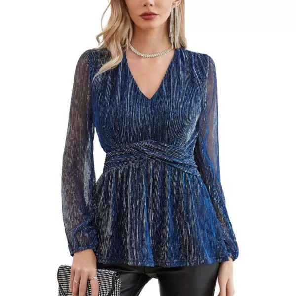 GRACE KARIN Womens Sequin Tops VNeck Waist Pleat Blouse Lantern Sleeves Sparkly Peplum TopsNavy Blue