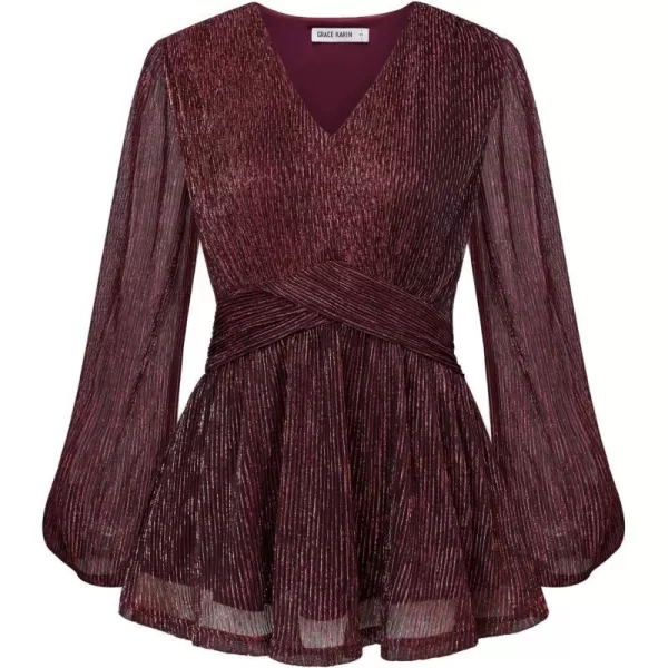 GRACE KARIN Womens Sequin Tops VNeck Waist Pleat Blouse Lantern Sleeves Sparkly Peplum TopsWine Red