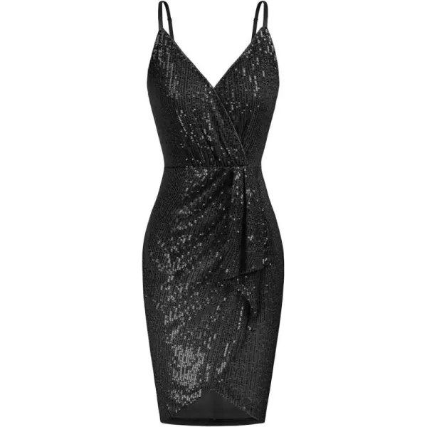 GRACE KARIN Womens Sexy Sequin Dress Wrap VNeck Ruched Bodycon Spaghetti Straps Cocktail Party Night Club DressesBlack