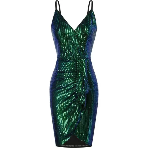 GRACE KARIN Womens Sexy Sequin Dress Wrap VNeck Ruched Bodycon Spaghetti Straps Cocktail Party Night Club DressesBlue Green