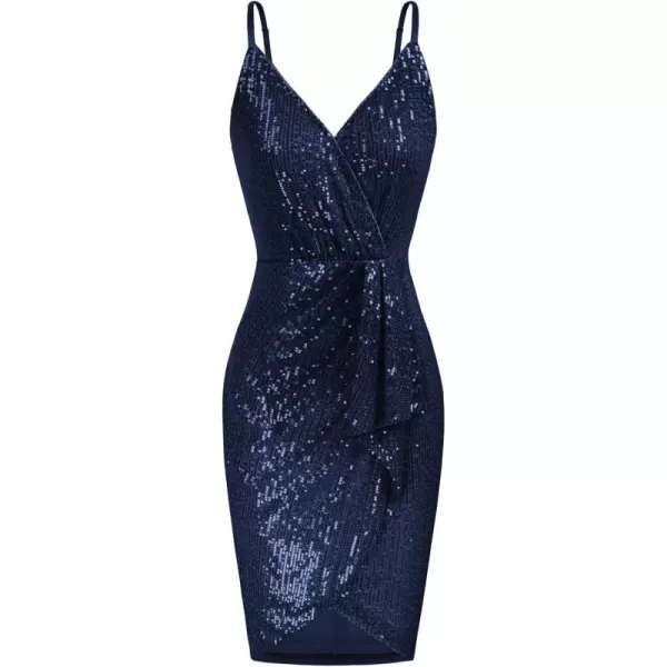 GRACE KARIN Womens Sexy Sequin Dress Wrap VNeck Ruched Bodycon Spaghetti Straps Cocktail Party Night Club DressesNavy Blue