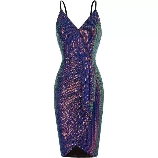 GRACE KARIN Womens Sexy Sequin Dress Wrap VNeck Ruched Bodycon Spaghetti Straps Cocktail Party Night Club DressesPurple Blue