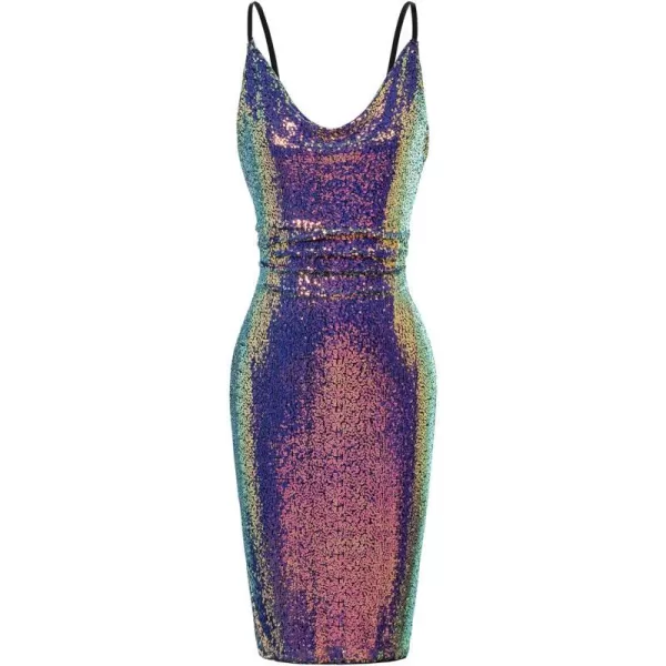 GRACE KARIN Womens Sexy Sequin Sparkly Glitter Cowl Neck Dresses Spaghetti Straps Bodycon Midi Club Party DressMulticolorblue Purplesequin