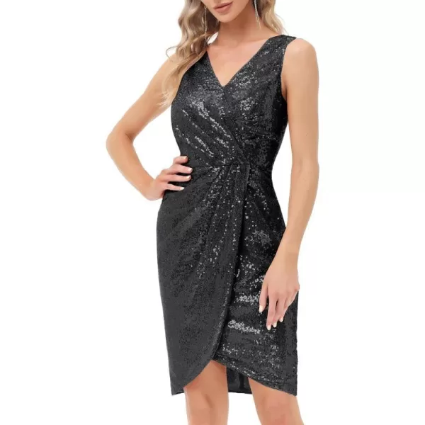 GRACE KARIN Womens Sexy Sequin Sparkly Glitter Party Dress Club Dress Sleeveless VNeck Ruched Cocktail Bodycon DressBlack