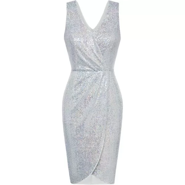 GRACE KARIN Womens Sexy Sequin Sparkly Glitter Party Dress Club Dress Sleeveless VNeck Ruched Cocktail Bodycon DressSilver