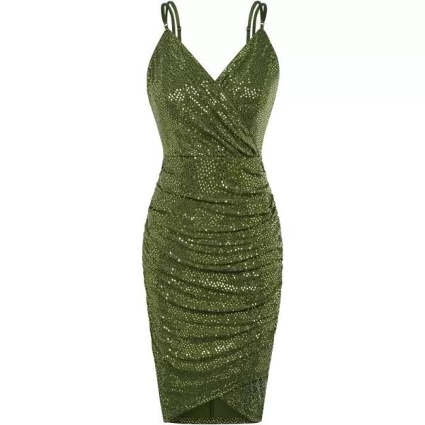 GRACE KARIN Womens Sexy Sequin Sparkly Glitter Ruched Party Club Dress Spaghetti Straps Wrap VNeck Bodycon DressArmy Green