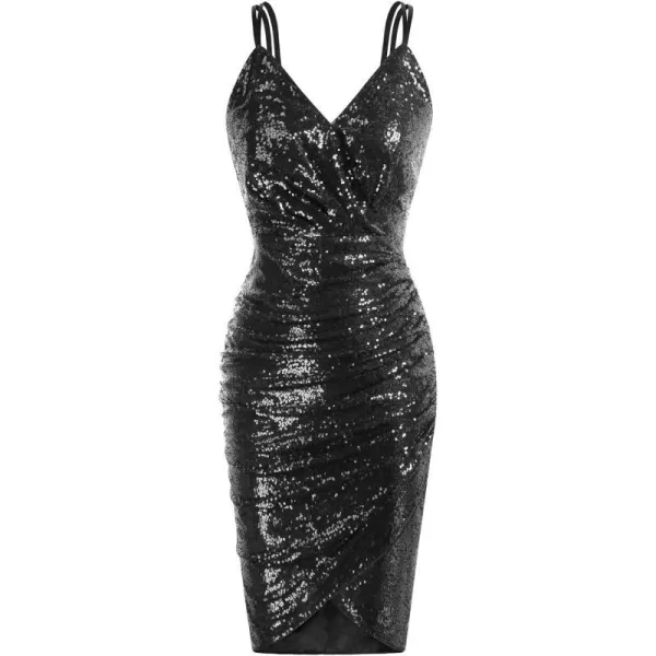 GRACE KARIN Womens Sexy Sequin Sparkly Glitter Ruched Party Club Dress Spaghetti Straps Wrap VNeck Bodycon DressBlack