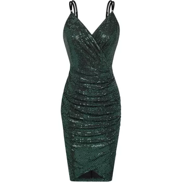 GRACE KARIN Womens Sexy Sequin Sparkly Glitter Ruched Party Club Dress Spaghetti Straps Wrap VNeck Bodycon DressBlack Green