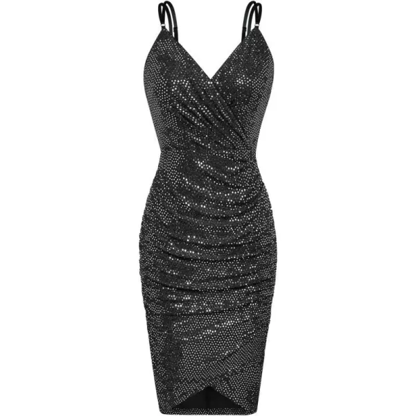 GRACE KARIN Womens Sexy Sequin Sparkly Glitter Ruched Party Club Dress Spaghetti Straps Wrap VNeck Bodycon DressBlack White