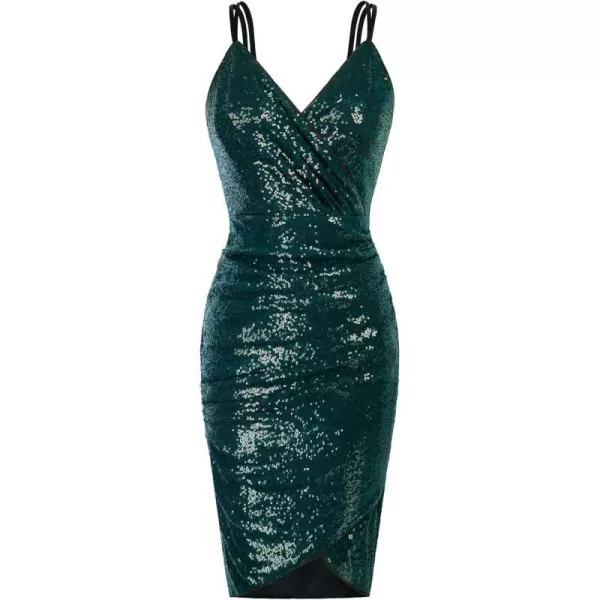 GRACE KARIN Womens Sexy Sequin Sparkly Glitter Ruched Party Club Dress Spaghetti Straps Wrap VNeck Bodycon DressBlue Green