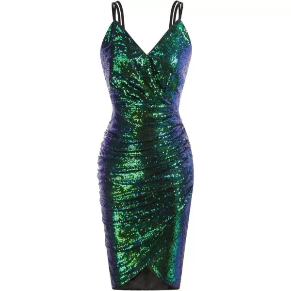 GRACE KARIN Womens Sexy Sequin Sparkly Glitter Ruched Party Club Dress Spaghetti Straps Wrap VNeck Bodycon DressDark Green