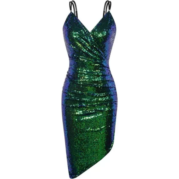 GRACE KARIN Womens Sexy Sequin Sparkly Glitter Ruched Party Club Dress Spaghetti Straps Wrap VNeck Bodycon DressDark Green Asymmetric