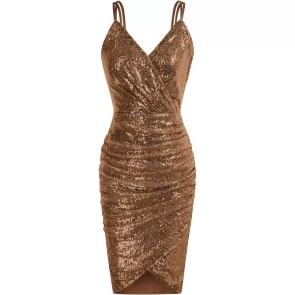 GRACE KARIN Womens Sexy Sequin Sparkly Glitter Ruched Party Club Dress Spaghetti Straps Wrap VNeck Bodycon DressLight Brown