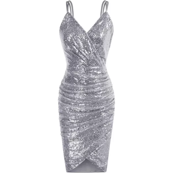 GRACE KARIN Womens Sexy Sequin Sparkly Glitter Ruched Party Club Dress Spaghetti Straps Wrap VNeck Bodycon DressLight Grey