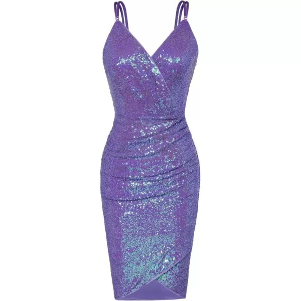 GRACE KARIN Womens Sexy Sequin Sparkly Glitter Ruched Party Club Dress Spaghetti Straps Wrap VNeck Bodycon DressLight Purple