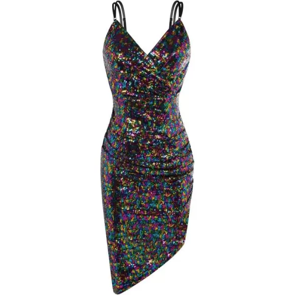 GRACE KARIN Womens Sexy Sequin Sparkly Glitter Ruched Party Club Dress Spaghetti Straps Wrap VNeck Bodycon DressMulticolor a Asymmetric