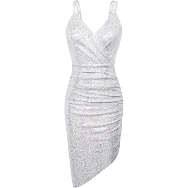 GRACE KARIN Womens Sexy Sequin Sparkly Glitter Ruched Party Club Dress Spaghetti Straps Wrap VNeck Bodycon DressSilver Asymmetric